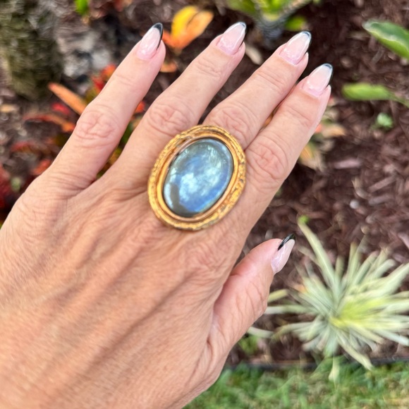 Jewelry - Vintage Gold Tone Oval Pyrite Ring Adjustable Band